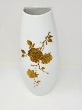AK Kaiser Gilded Floral Motif Porcelain Vase - 12" Tall Vintage 1960s Backstamp